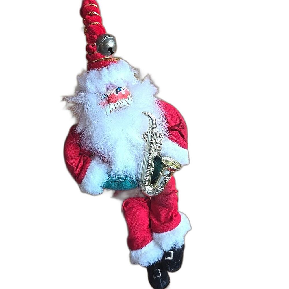 Vintage Kurt Adler Santa Claus Playing Saxaphone Fabric Ornament Painted Face